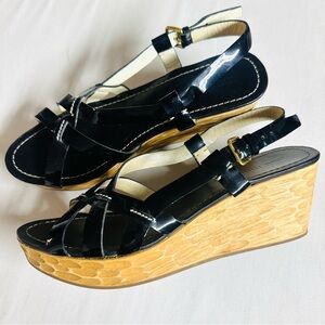 Miu Miu Patent Leather Criss Cross Wedge Sandals Carved Wooden Platform Black
